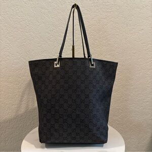 Gucci GG Canvas Tote Black Denim with Black Leather Trim